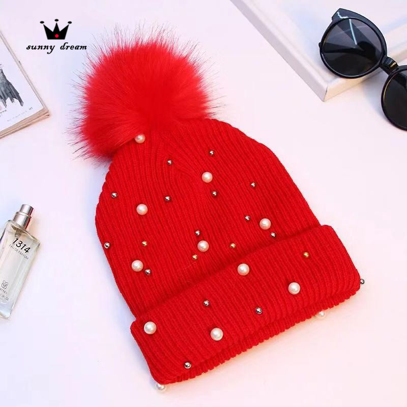 H00007 Mutiara Tiruan Fox Fur Ball Topi Rajutan Wanita