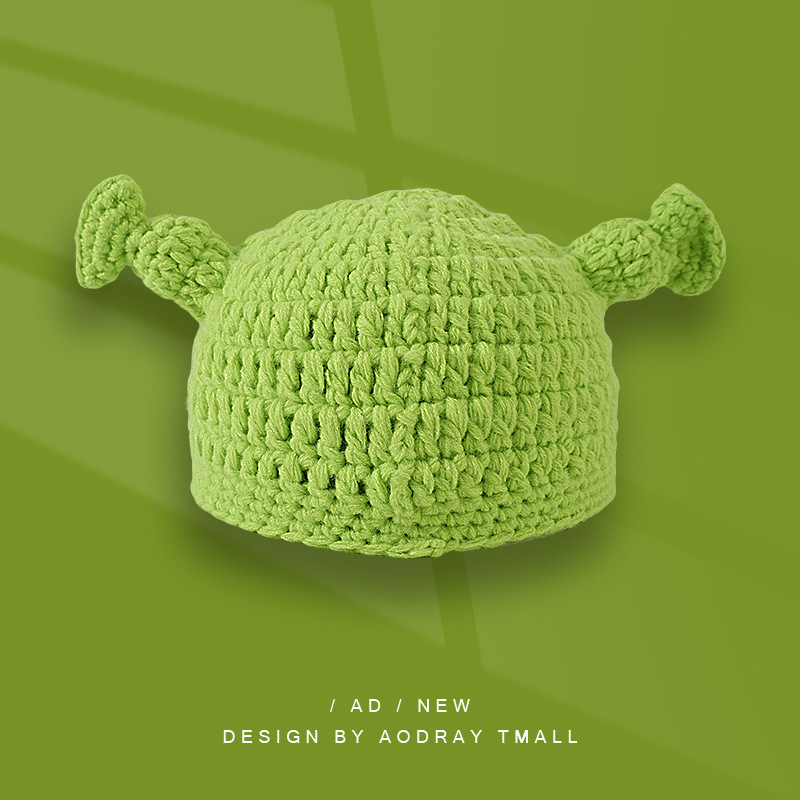 H00054 Topi Rajutan Dewasa Corak Pixie Shrek Hijau