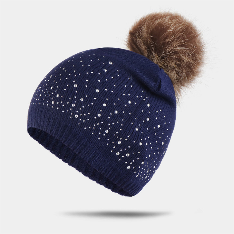 H00046 Pinstripe Furball Knitted Hat Dengan Rhinestones