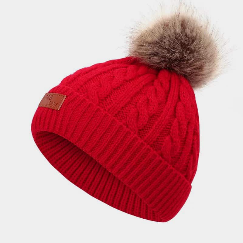 H00077 Label Kulit Twist Knitted Hat Bebola Rambut Palsu Kanak-kanak