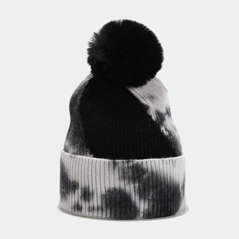 H00082 Tie-dye Graffiti Knitted Hat Dengan Hairball
