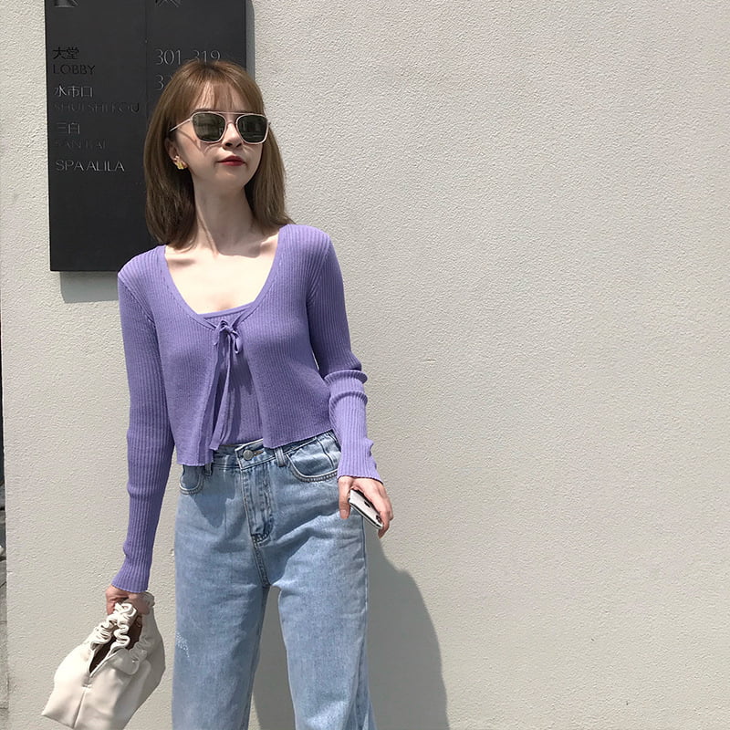 SM-K0050 Linen Tali Bahu Nipis Rompi Berkait, Cardigan Berkait Set Dua Keping