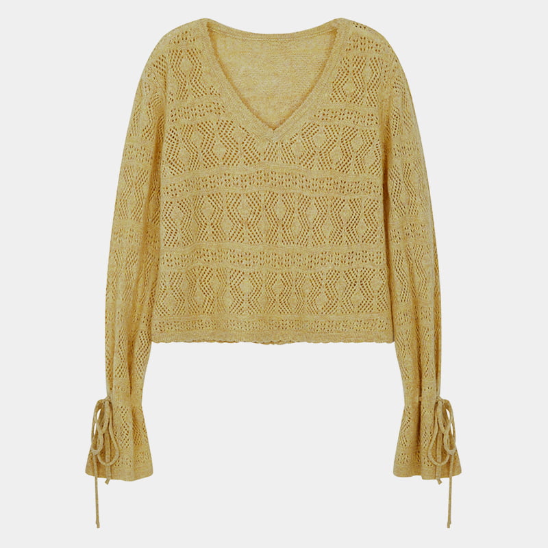 ML2201 Cut-out Cuff Tie V-neck Pullover Knitted Jumper