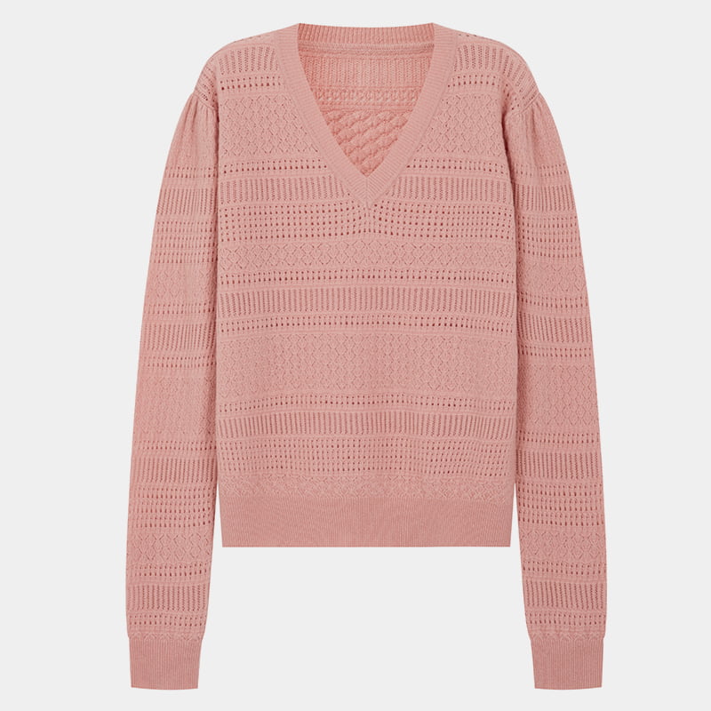 ML2202 Kulit Merah Jambu Hollow Nipis V-leher Rajutan Sweater Jumper