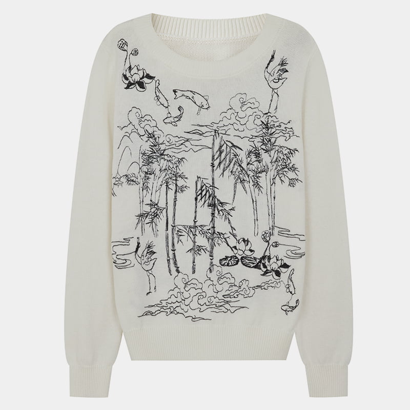 ML2209 Bordir Doodle Lembut Sulaman Leher Bulat Dikait Sweater Jumper