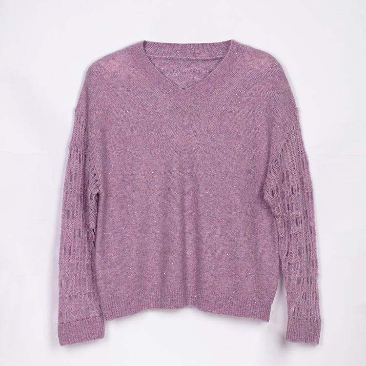 SM-K0040 V-Neck Potongan Labuci Mohair Dikait Jumper Lengan Potongan Super Fairy