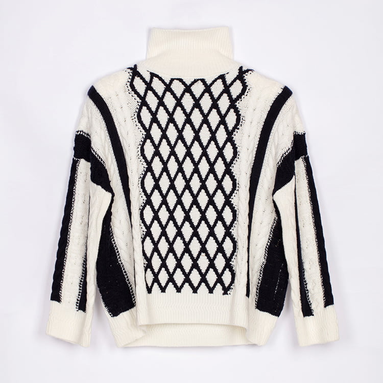 SM-K0045 Hitam Putih Twist Mohair Kontras Sweater Berkait Tebal Leher Tinggi