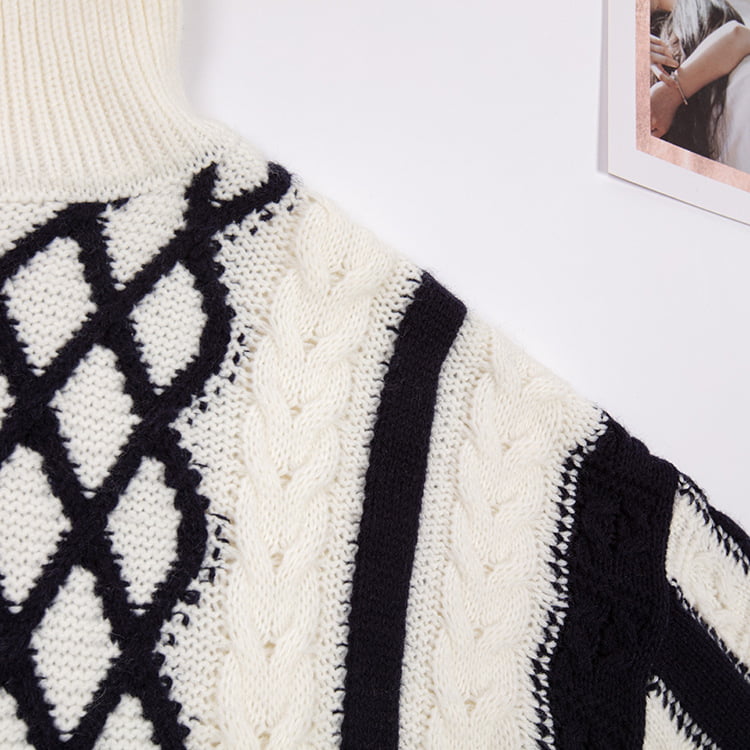SM-K0045 Hitam Putih Twist Mohair Kontras Sweater Berkait Tebal Leher Tinggi SM-K0045 Hitam Putih Twist Mohair Kontras Sweater Berkait Tebal Leher Tinggi
