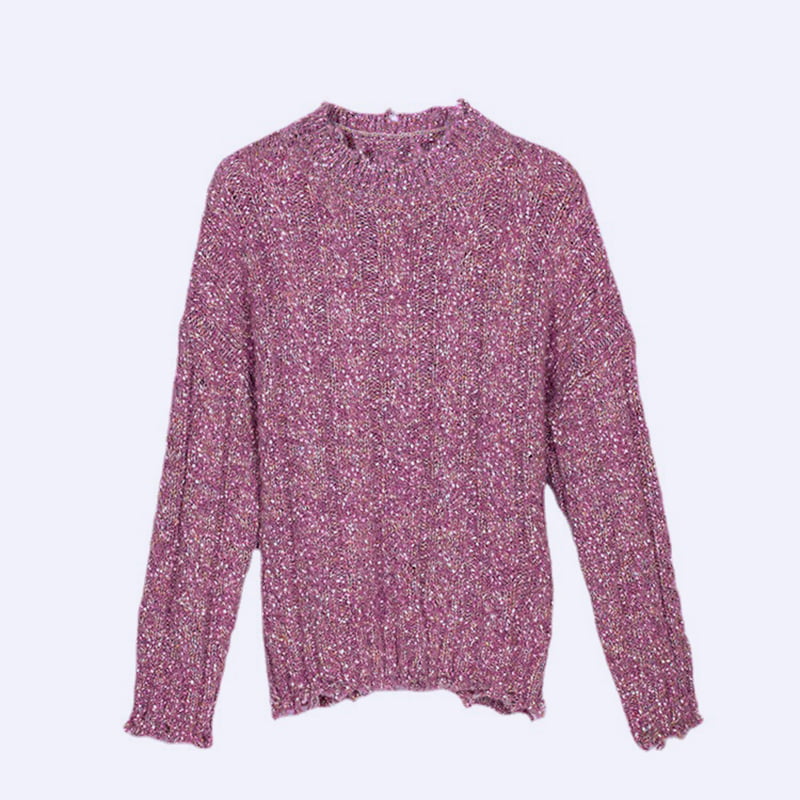SM-K0037 Musim Bunga Dan Musim Gugur Garis Leher Bulat Keliman Raw Notch Wanita Jumper Rajutan