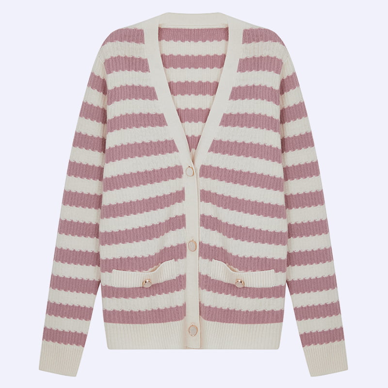 ML2204 Jaket Sweater Cardigan Rajutan V-neck Berjalur Merah Jambu Dan Putih