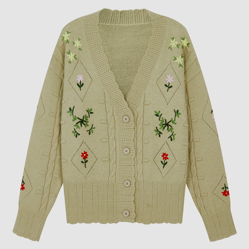 ML2213 Retro Japanese Avocado Green Handmade Knitted Cardigan Jacket