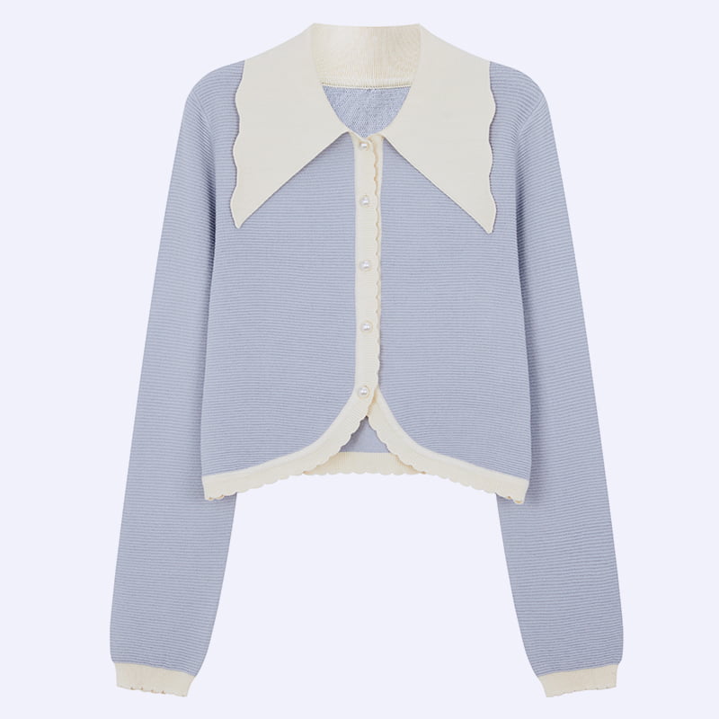 ML2210 French Doll Collar Pearl Buckle Core-spin Yarn Knit Cardigan