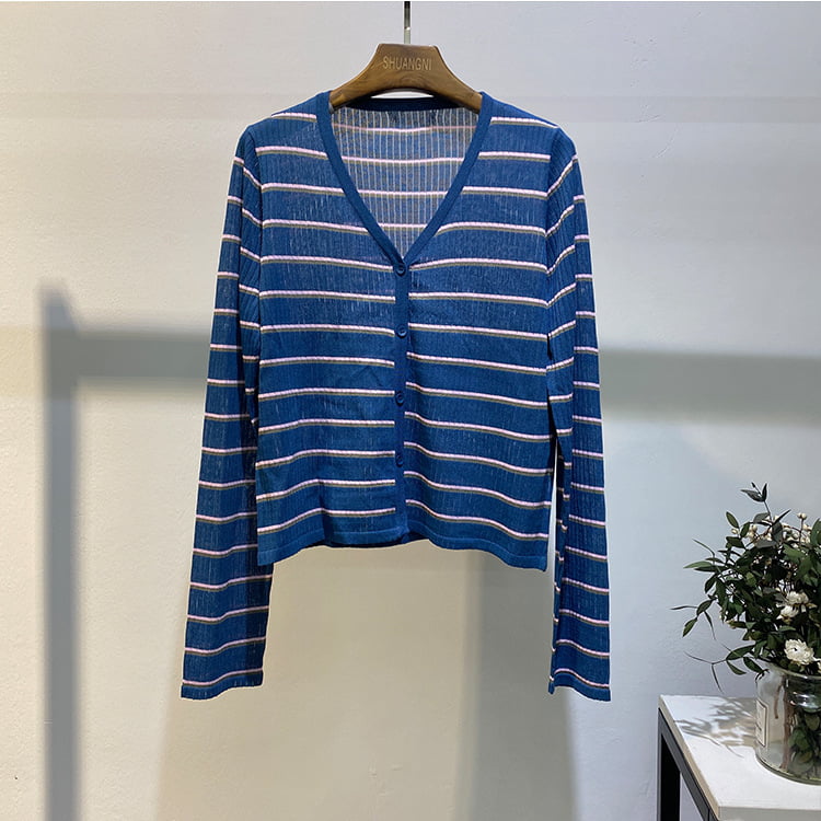SM-K0001 Musim Panas Pakaian Luar Wanita Korea Linen Stripe Sun Block Cardigan Knit