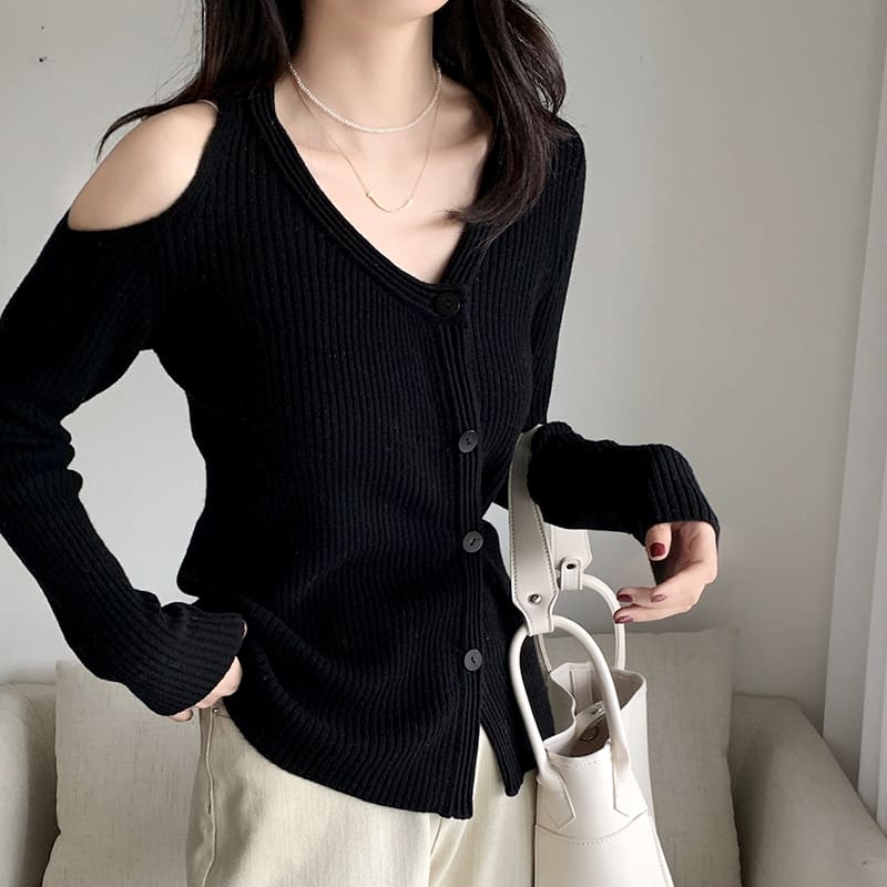 SM-K0022 V-neck Off-shoulder Slim Dan Rekaan Niche Cardigan Berkait Lengan Panjang