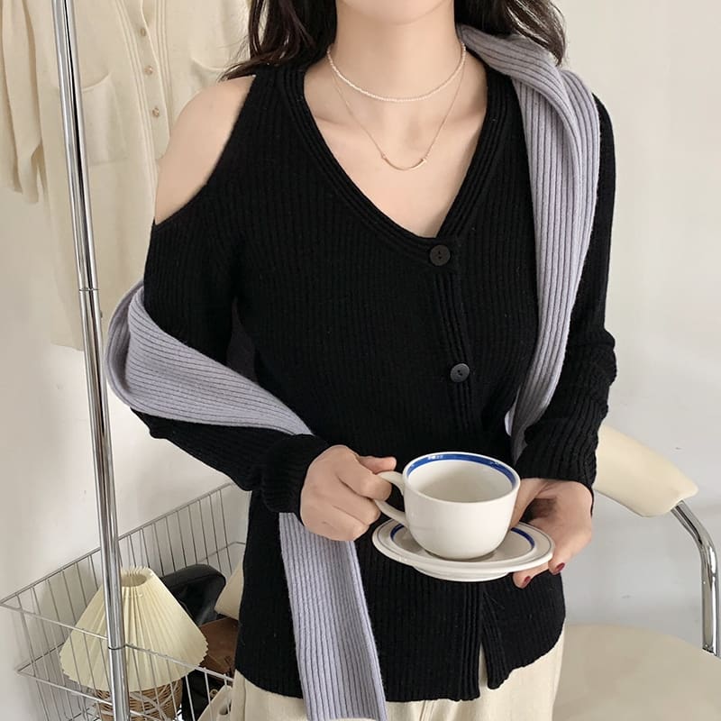 SM-K0022 V-neck Off-shoulder Slim Dan Rekaan Niche Cardigan Berkait Lengan Panjang SM-K0022 V-neck Off-shoulder Slim Dan Rekaan Niche Cardigan Berkait Lengan Panjang