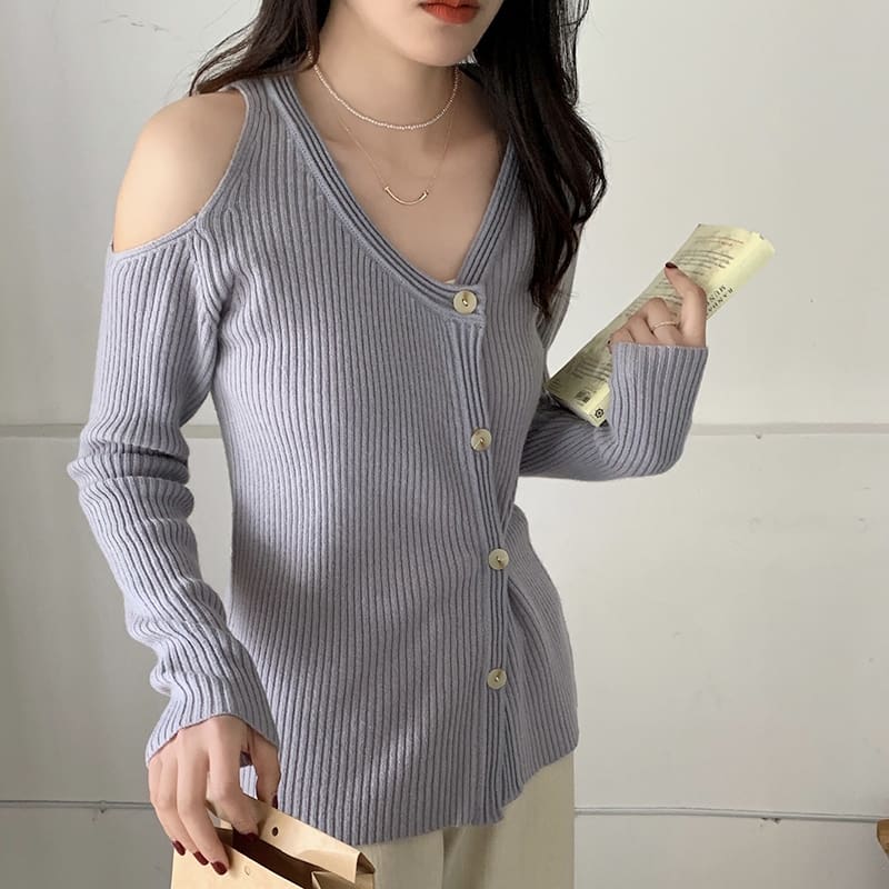 SM-K0022 V-neck Off-shoulder Slim Dan Rekaan Niche Cardigan Berkait Lengan Panjang SM-K0022 V-neck Off-shoulder Slim Dan Rekaan Niche Cardigan Berkait Lengan Panjang