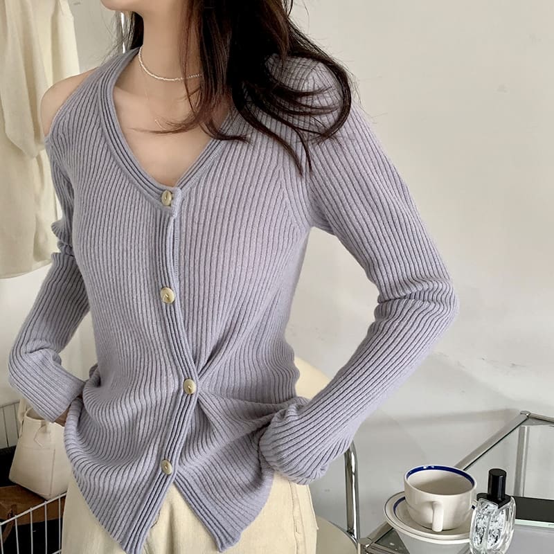 SM-K0022 V-neck Off-shoulder Slim Dan Rekaan Niche Cardigan Berkait Lengan Panjang SM-K0022 V-neck Off-shoulder Slim Dan Rekaan Niche Cardigan Berkait Lengan Panjang