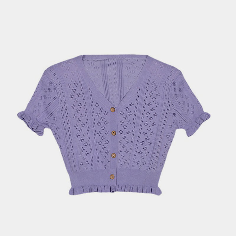 SM-K0015 Musim Panas V-leher Pendek Nipis Lengan Pendek Berongga Keluar Sutera Ais Kardigan Knit