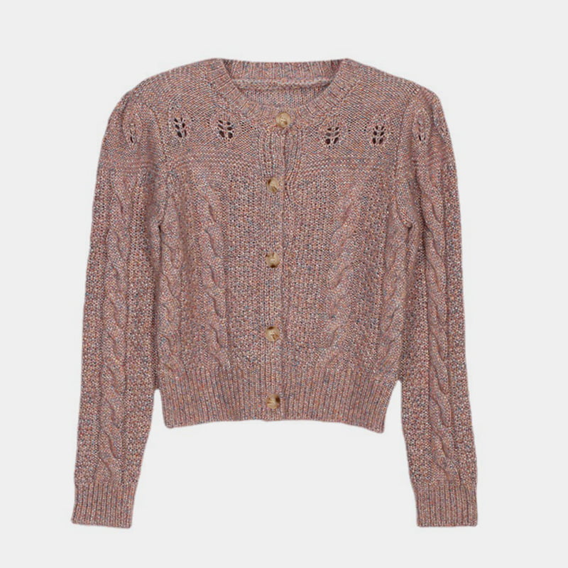 SM-K0006 Linen Berongga Single Breasted Cardigan Berkait Lengan Panjang Wanita Longgar