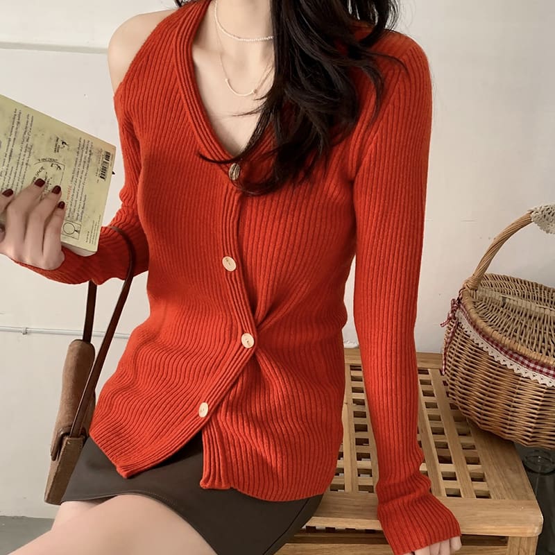 SM-K0022 V-neck Off-shoulder Slim Dan Rekaan Niche Cardigan Berkait Lengan Panjang SM-K0022 V-neck Off-shoulder Slim Dan Rekaan Niche Cardigan Berkait Lengan Panjang