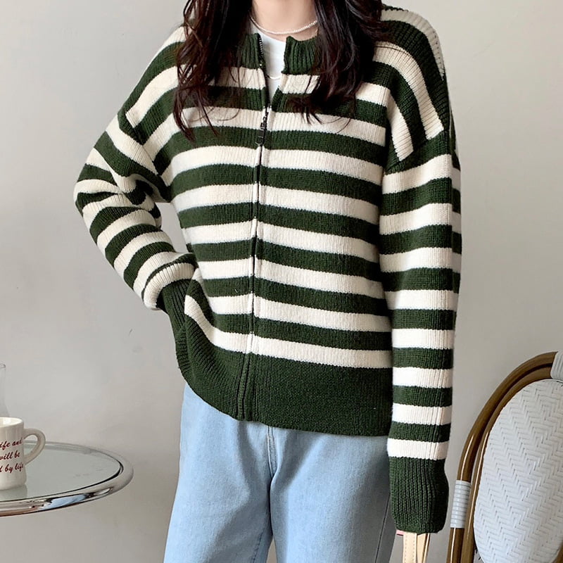 SM-K0029 Pullover Leher Bulat Musim Bunga Wanita, Sweater Zip Berjalur Kardigan Berkait SM-K0029 Pullover Leher Bulat Musim Bunga Wanita, Sweater Zip Berjalur Kardigan Berkait