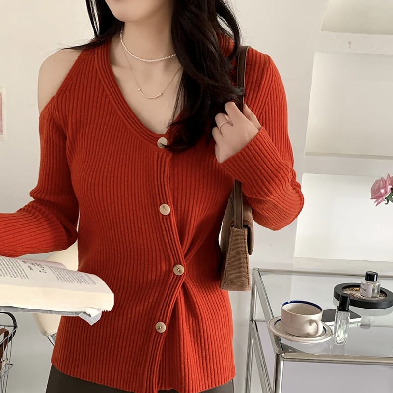 SM-K0022 V-neck Off-shoulder Slim Dan Rekaan Niche Cardigan Berkait Lengan Panjang SM-K0022 V-neck Off-shoulder Slim Dan Rekaan Niche Cardigan Berkait Lengan Panjang