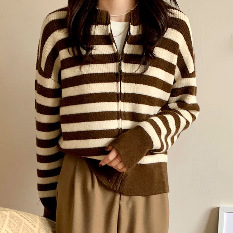 SM-K0029 Pullover Leher Bulat Musim Bunga Wanita, Sweater Zip Berjalur Kardigan Berkait
