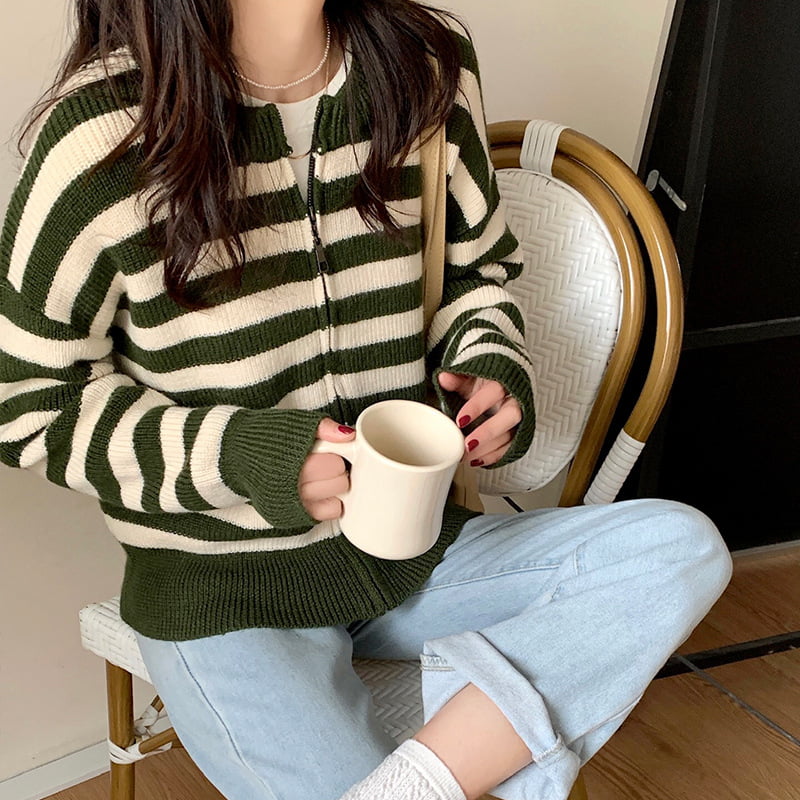 SM-K0029 Pullover Leher Bulat Musim Bunga Wanita, Sweater Zip Berjalur Kardigan Berkait SM-K0029 Pullover Leher Bulat Musim Bunga Wanita, Sweater Zip Berjalur Kardigan Berkait