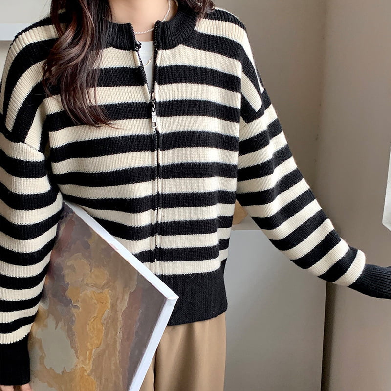 SM-K0029 Pullover Leher Bulat Musim Bunga Wanita, Sweater Zip Berjalur Kardigan Berkait SM-K0029 Pullover Leher Bulat Musim Bunga Wanita, Sweater Zip Berjalur Kardigan Berkait