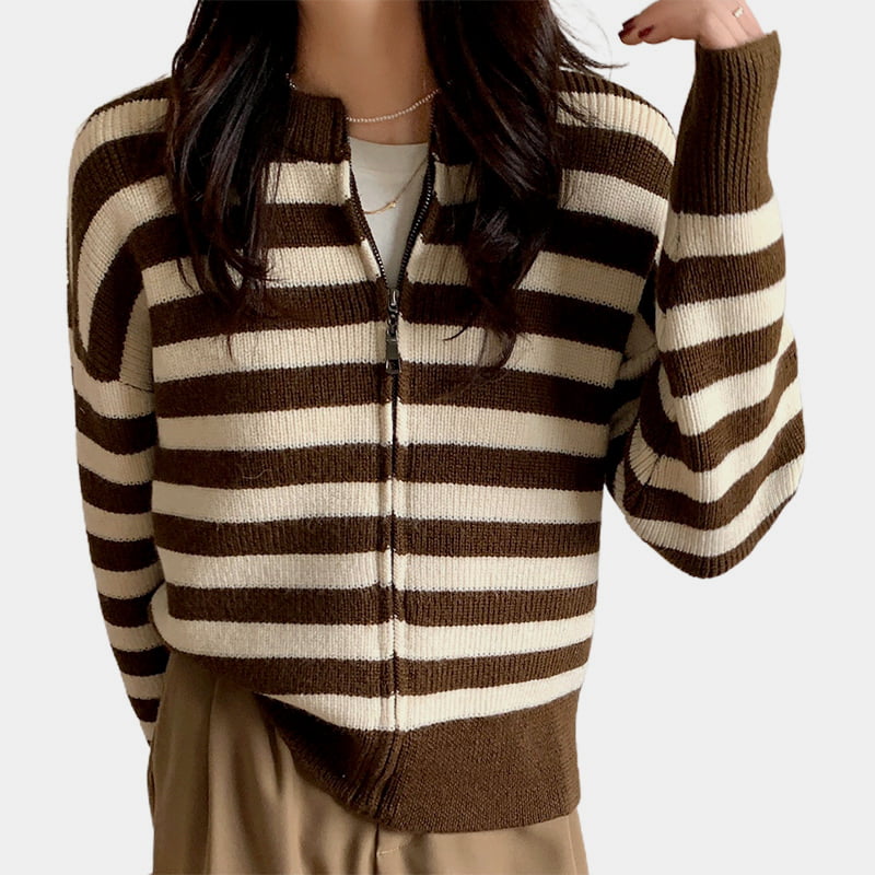 SM-K0029 Pullover Leher Bulat Musim Bunga Wanita, Sweater Zip Berjalur Kardigan Berkait SM-K0029 Pullover Leher Bulat Musim Bunga Wanita, Sweater Zip Berjalur Kardigan Berkait