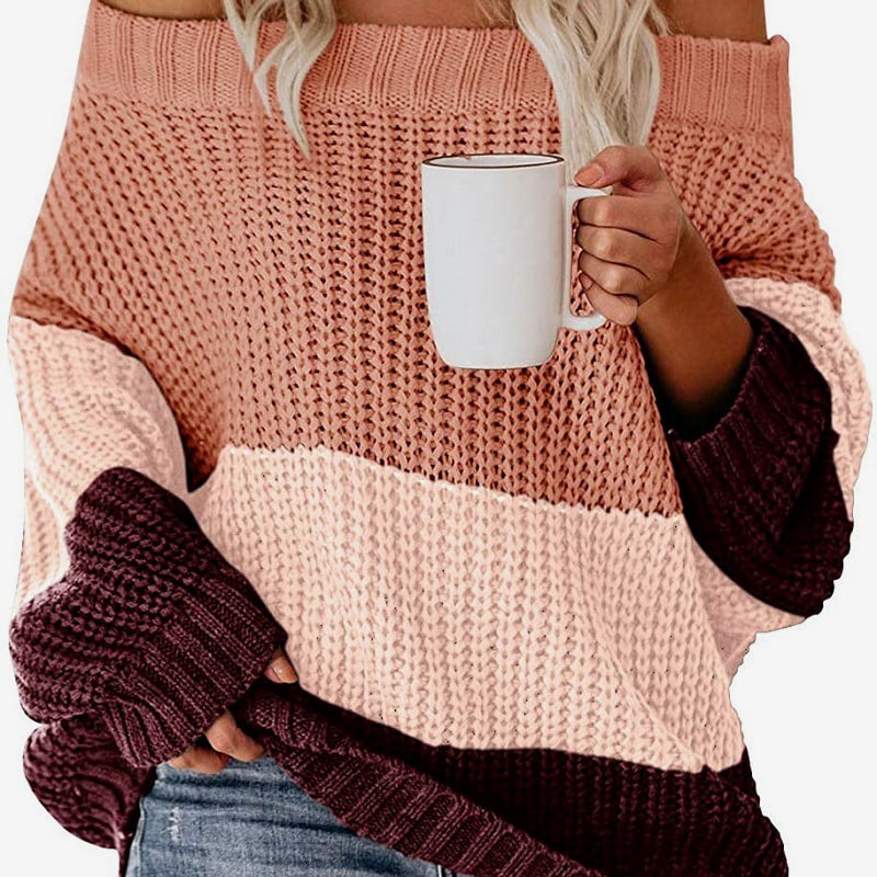 SM-K0080 Kru Leher Lengan Panjang Kontras Tampalan Bulu Dikait Jumper