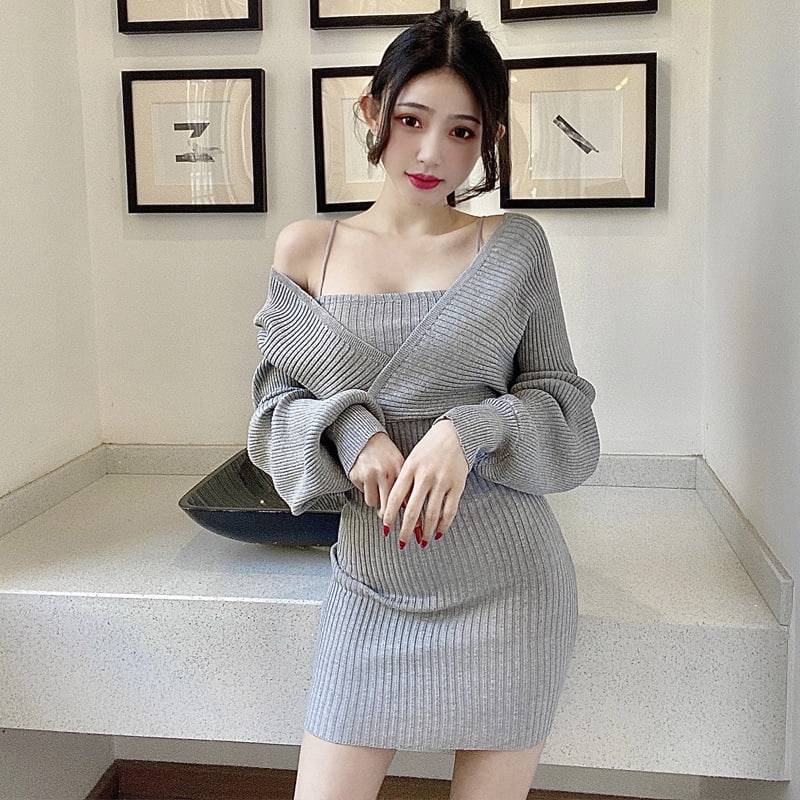 SM-K0090 Lengan Panjang Slim V-neck Pameran Nipis Dua Sut Berkait Palsu