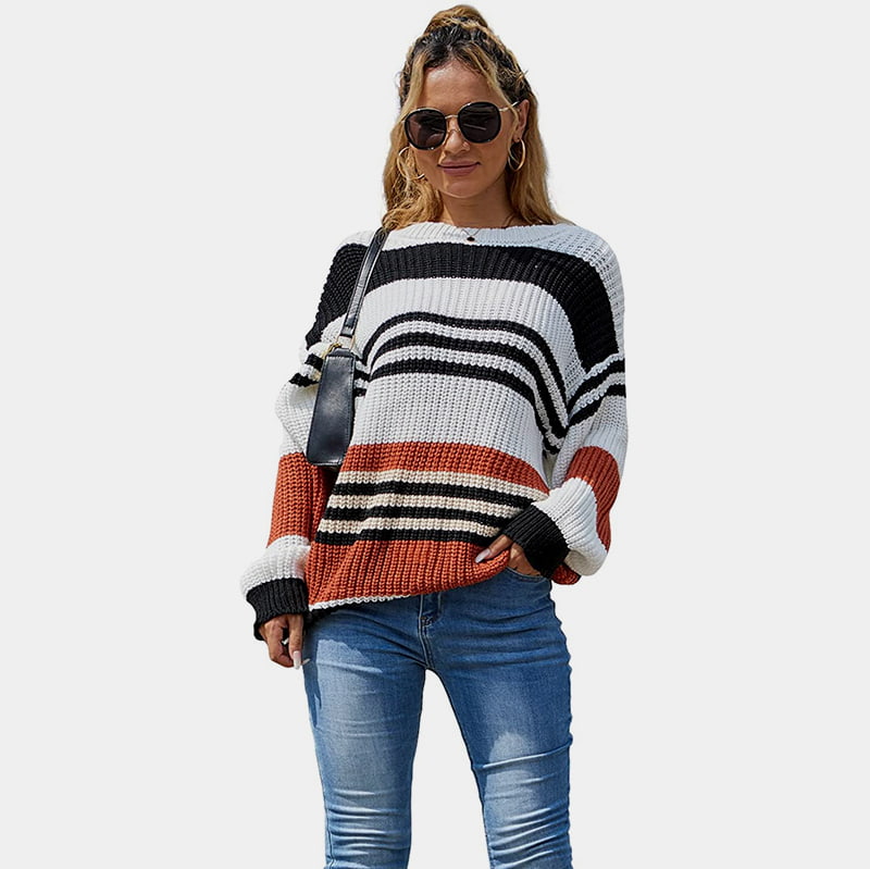 SM-K0066 Berjalur Bergaduh Longgar Crewneck Knitted Jumper Pullover Sweater