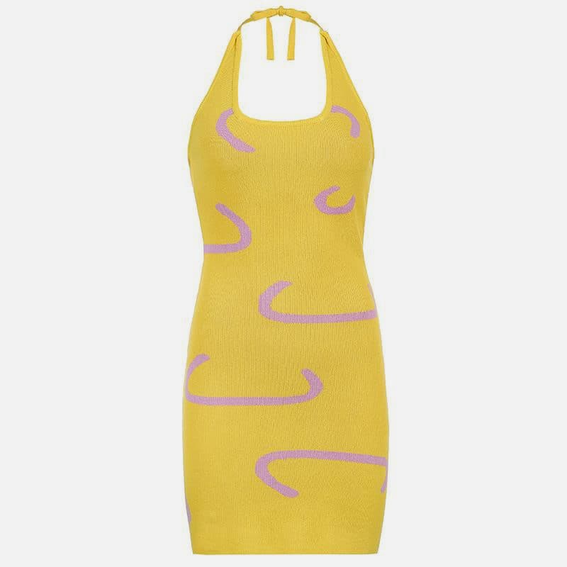 SM-K0087 Warna Berjalur Jacquard Halter Pakaian Berkait Pendek Tanpa Lengan