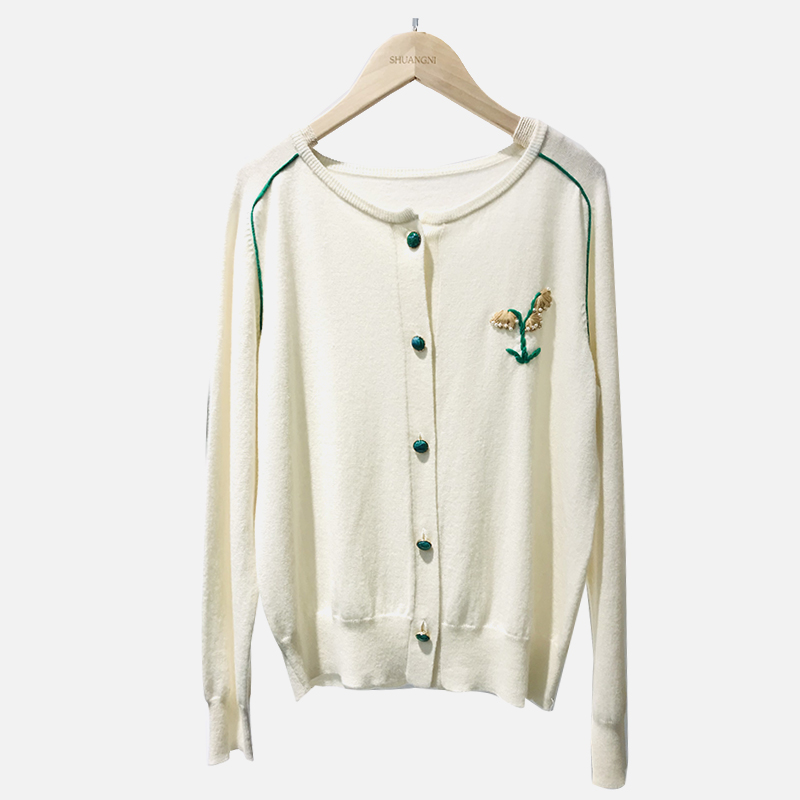 SNS076 White Little Yellow Flower Corak Gaya Kolej Crew Leher Knit Cardigan