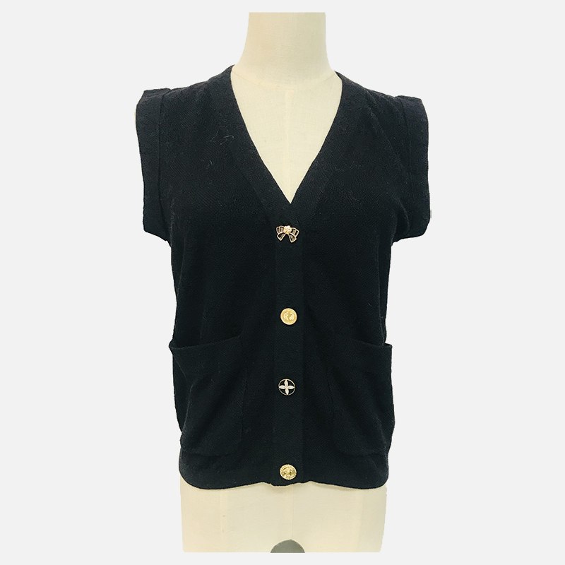 D23-502A Cardigan Knitted V-Neck Lengan Pendek Hitam