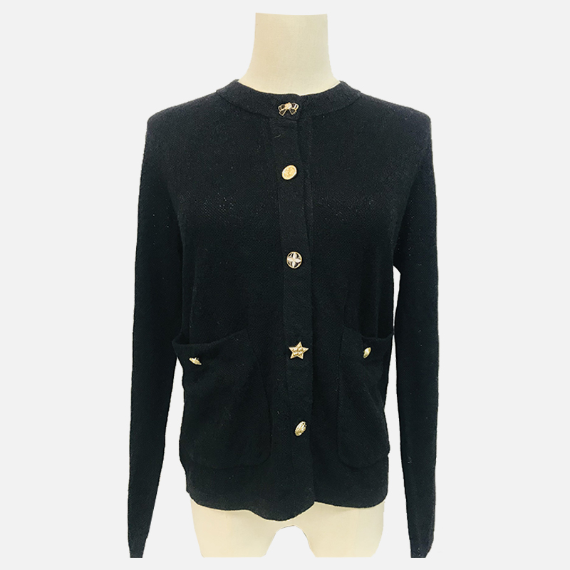 D23-502B Kardigan Knit Leher Krew Lengan Panjang Hitam